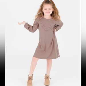 RuffleButts • Dusty Lilac Rib Knit Long Sleeve V-Ruffle Dress - 4